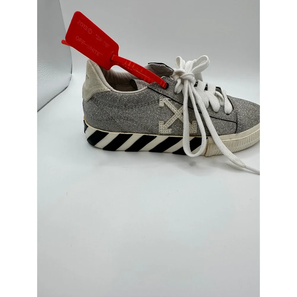 Off-White‎ Kids Low Vulcanized Silver Glitter Sneakers Zip Tie Shoes